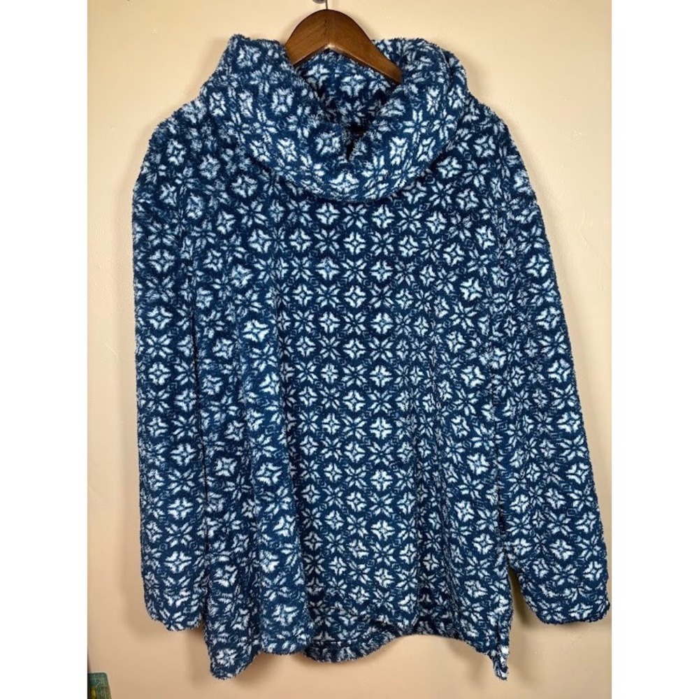 Berkshire Homewear Faux Fur Cowl Neck Snowflake Pullover Blue White XL NWT
